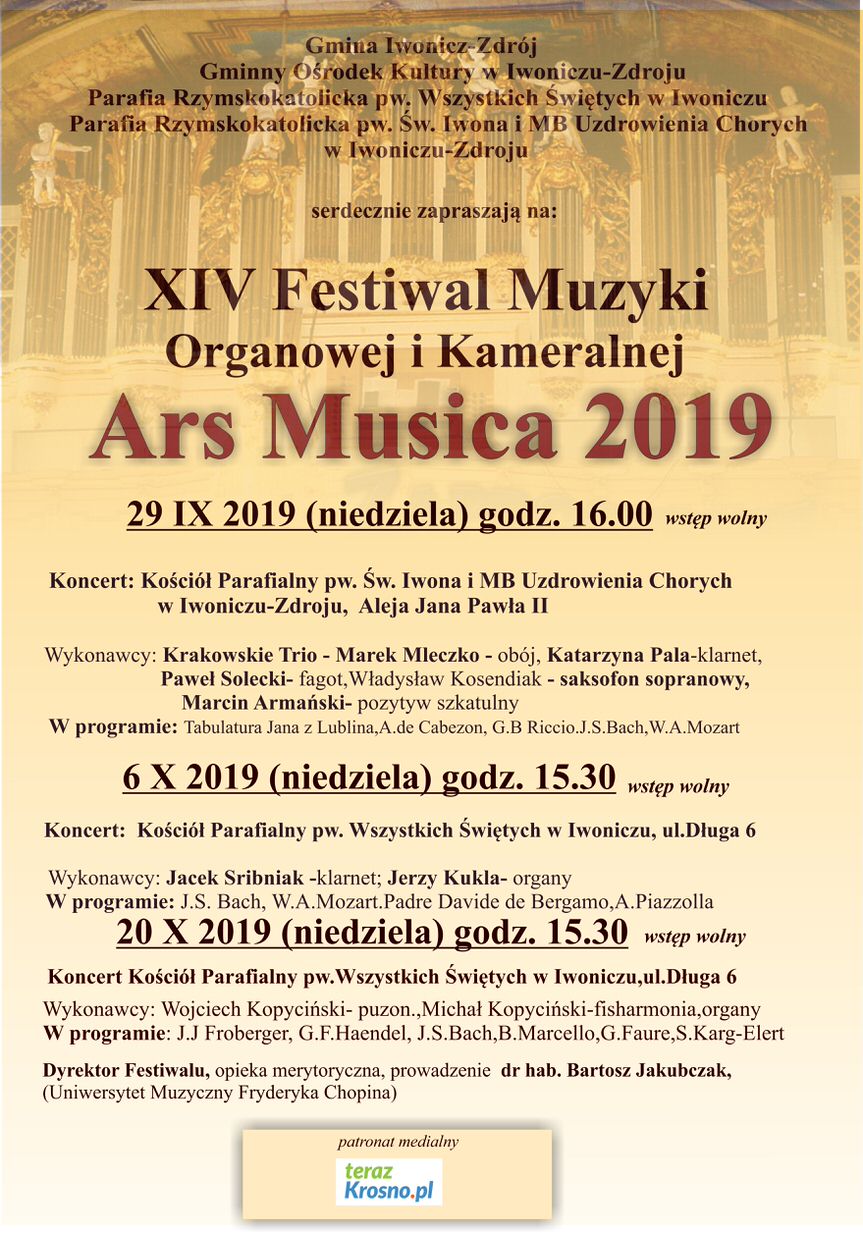 XIV Festiwal Muzyki Organowej i Kameralnej “Ars Musica 2019”